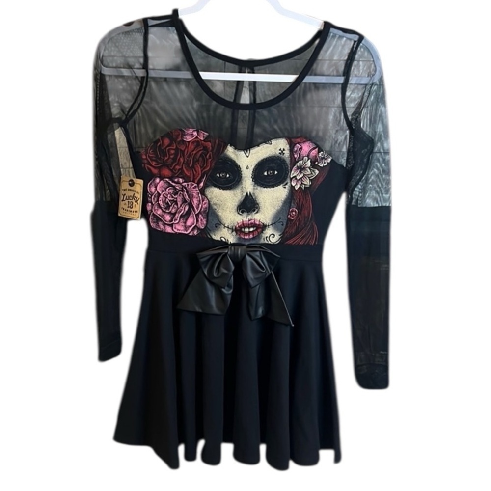 Lucky 13 Black Sheer Long sleeve Dress with Pink Floral Skull, size XS